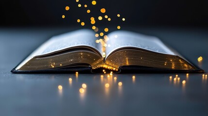 Book is open to a page with a glowing light on it. The light is falling on the pages of the book, creating a warm and inviting atmosphere. Concept of wonder and curiosity