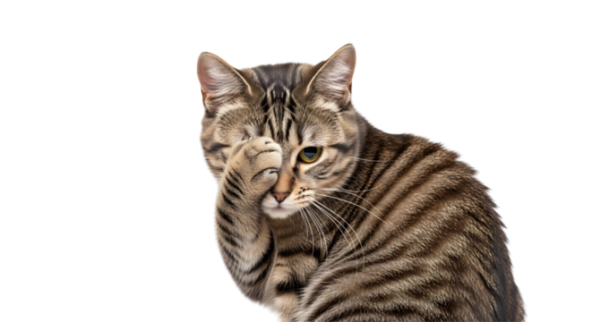 Cute tabby cat covering its face isolated on transparent background
