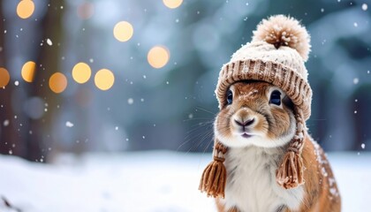 Winter scene featuring a cute rabbit wearing a knit hat snowy forest animal photography cozy atmosphere close-up adorable moment