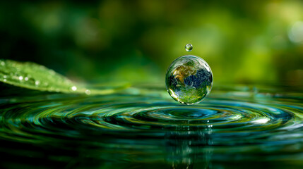 World Water Day concept the planet Earth in the form of a water drop falling on a green background with ripples and a grass leaf, a real photograph
