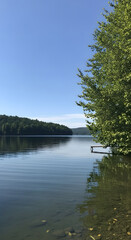 Serene lake scene with a calm water surface reflecting the forested shoreline under a clear blue sky, with a small dock.