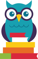 Fototapeta premium Wise old owl with spectacles perched on books