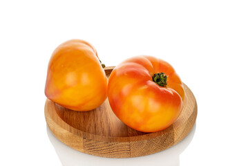 Juicy fresh tomatoes isolated on white background, close-up.