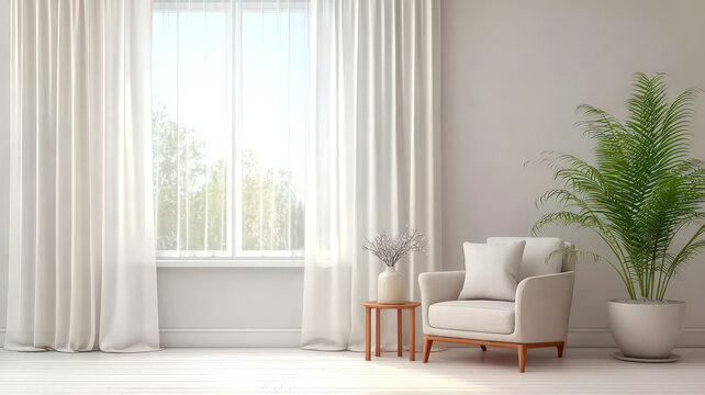 Minimalist living room featuring cozy armchair, small wooden table, and large windows with sheer curtains. space is bright and airy, enhanced by potted plant, creating serene atmosphere