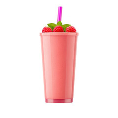 Pink strawberry smoothie with straw and berries isolated on white background