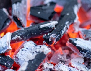Obraz premium Close-up of glowing embers and charcoal