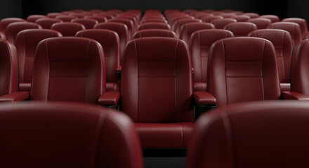 Fototapeta premium Empty red cinema seats rows theater movie film show auditorium hall performance presentation cinematic experience screening darkness luxury comfort