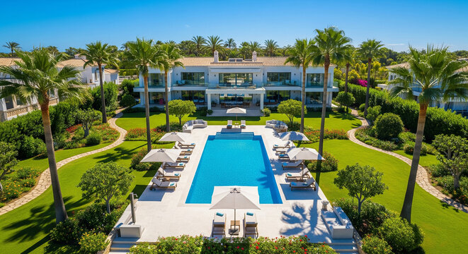 Aerial view of a luxurious villa with a long pool and manicured gardens. - Powered by Adobe
