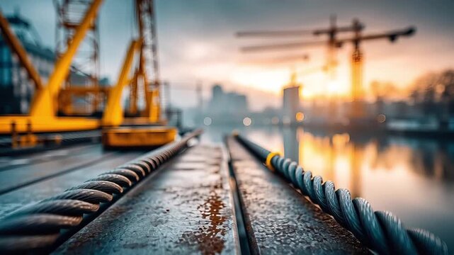 Steel cable close up rusty metal surface construction cranes cityscape sunset industrial urban development heavy equipment structure engineering machinery safety wire rope dock harbor outdoor