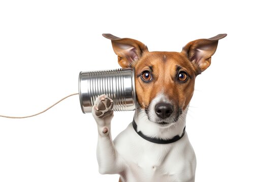 Cute jack russell terrier dog listening on a tin can telephone, isolated on white background