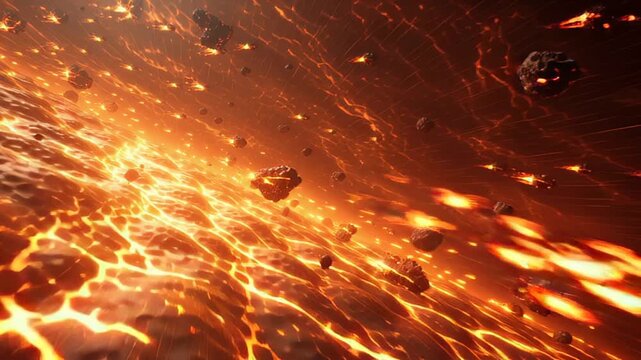 Fiery space scene with glowing galaxy background, meteors and asteroids destroy everything their path, intense fire explosion and energy surge create