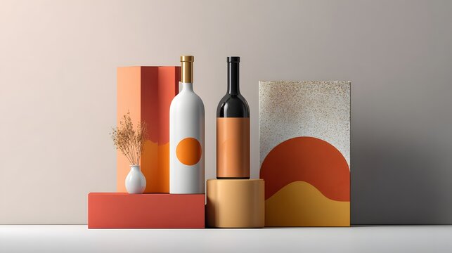 Stylish arrangement of modern wine bottles and artistic packaging on a minimalist background for creative beverage marketing. - Powered by Adobe