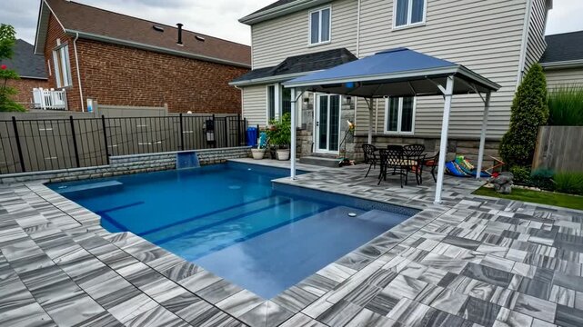 Create a chic backyard with a clear pool, stylish patio tiles, and shaded seating&mdash;ideal for gatherings!