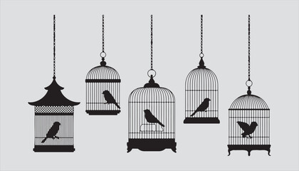 Vector illustration of vintage church and birdcage symbols in a cityscape silhouette with a bird