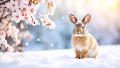 Obraz premium Snowy rabbit amid cherry blossoms winter wonderland photographic nature scene serene environment close-up view peaceful concept for nature lovers