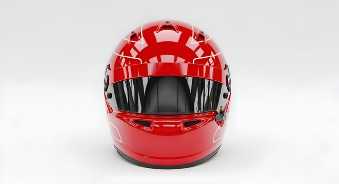 A glossy red Formula 1 helmet, clean and white background
