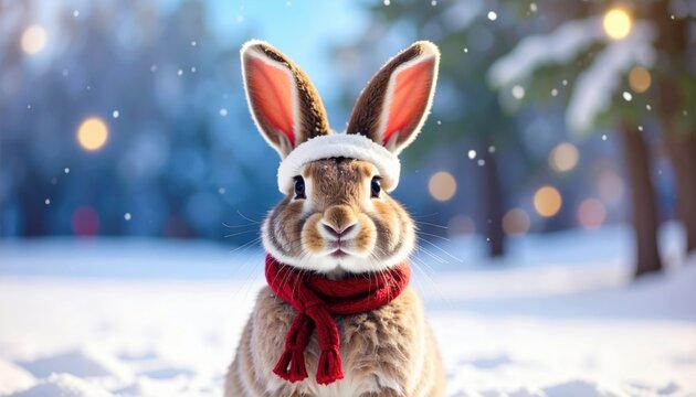 Charming winter rabbit wearing a santa hat snowy forest animal photography enchanting holiday environment close-up view festive concept