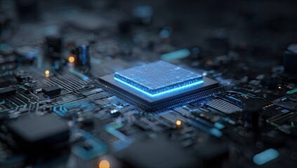 Close-up of a glowing central processing unit (CPU) on a complex circuit board, highlighting intricate electronic components and detailed wiring.