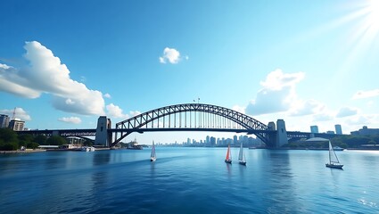 Fototapeta premium Sydney Harbour Bridge, Sailboats, and a Sunny Day