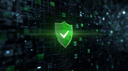 Digital technology background with a green security shield icon, with a check mark, concept for cyber security and data protection technology digital cybersecurity.