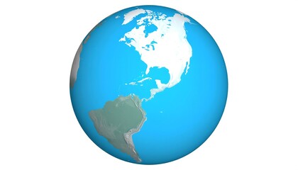 Obraz premium A detailed, 3D rendering of the Americas, depicted on a light blue globe against a plain white background.
