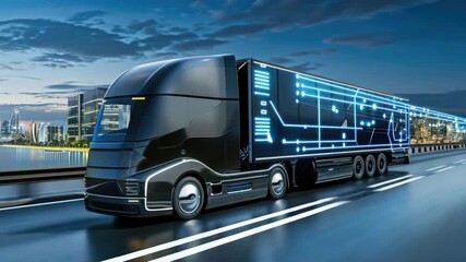 An electric truck drives on a futuristic highway, showcasing advancements in eco-friendly transport and technology under city lights - Powered by Adobe