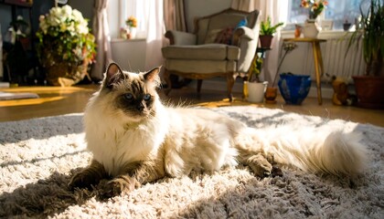 A fluffy Ragdoll cat basks in the warm sunlight streaming into a cozy living room.