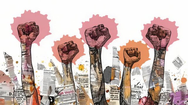 A group of people standing together, holding up their fists in a symbol of unity and solidarity