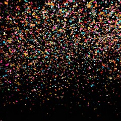Vibrant colorful confetti falling against a dark background, creating a festive and celebratory atmosphere.