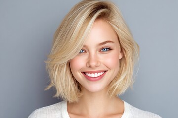 Fototapeta premium A cheerful young woman with bright, friendly eyes and a radiant smile, displaying healthy, white teeth against a soft gray background.