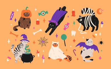 Colorful set of Halloween cats. Hand drawn cartoon kitties in festive costumes, vampire, ghost, witch, mummy, bat, pumpkin. Cute pets characters for holiday decoration, card, print, invitation