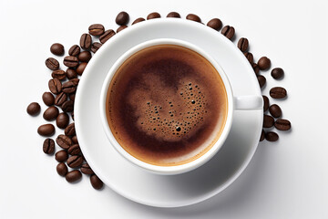 Fototapeta premium Freshly brewed coffee in a white cup surrounded by roasted coffee beans on a clean surface