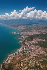 Alanya Turkey Aerial View of Coastline and Mountains under Blue Sky with Clouds Travel Destination Holiday Resort