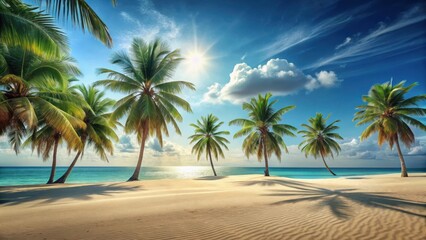Serene tropical beach scene with lush palm trees swaying gently in a warm ocean breeze under a vibrant sunny sky