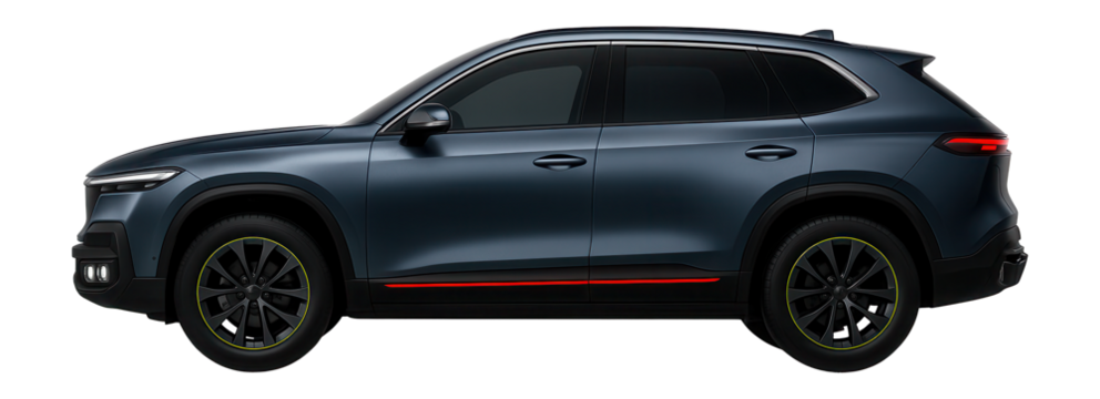 Electric SUV featuring a multi-layered rear bumper and quad LED fog lights