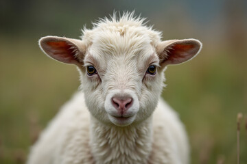 Obraz premium Close-up Portrait of White Lamb with Soft Wool in Green Field