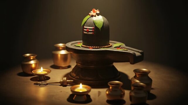 Detailed Shiva Lingam Sculpture with Brass Pots and Candles Illuminated in Dark Background for Adobe Stock Photos