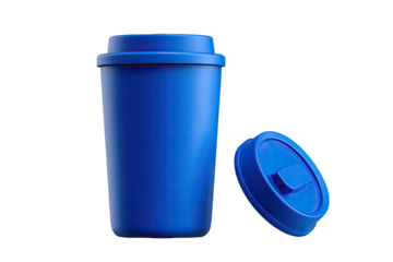 A vibrant cobalt-blue travel mug.  Lid separate