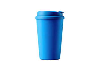 A vibrant, solid-blue travel mug stands tall against a black background.  The mug features a slightly domed lid, and its smooth, cylindrical shape is clearly defined