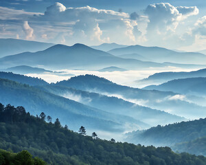 Obraz premium Misty blue mountainscape serene watercolor painting atmosphere serene nature landscape