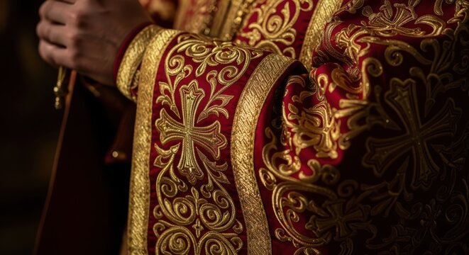 Intricate Gold Embroidery on Rich Red Clerical Vestments