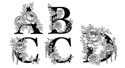 Alphabet letters a, b, c, d decorated with vintage floral elements, isolated on white background