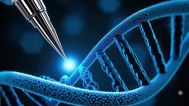 Futuristic genetic engineering and biotechnology innovation featuring glowing blue DNA strand with precision tool tip and gene editing technology in dark scientific environment