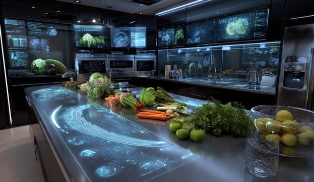 Futuristic kitchen with interactive displays and fresh produce.  A sleek, dark kitchen boasts multiple interactive screens showing complex data overlays. - Powered by Adobe