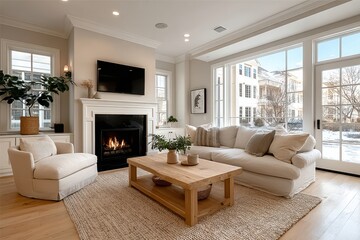 Modern living room with fireplace and large windows emphasizing natural light