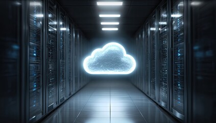 A glowing cloud icon illuminates a server room hallway