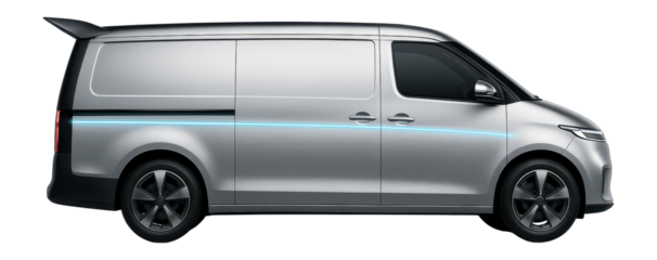 Electric cargo van with low ground clearance and sleek rear spoiler