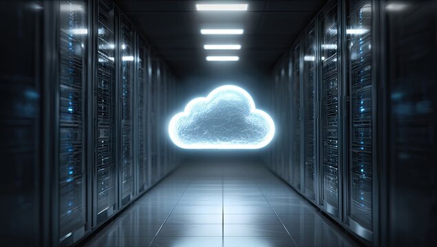 A glowing cloud icon illuminates a server room hallway