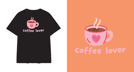 Cute pink coffee cup with heart and steam on black t shirt design and orange background