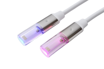 Two illuminated charging cables, close-up